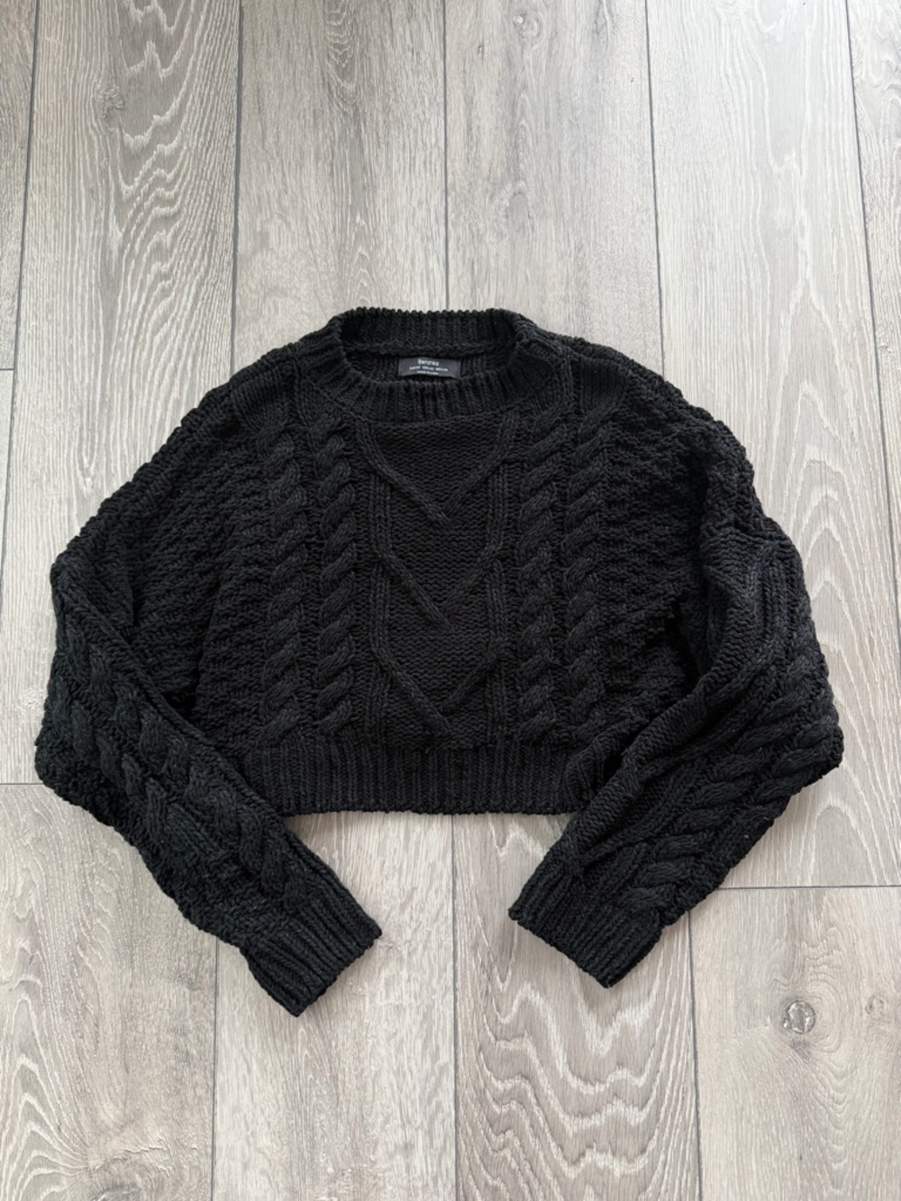 Bershka Black Cable-Knit Cropped Sweater - Women